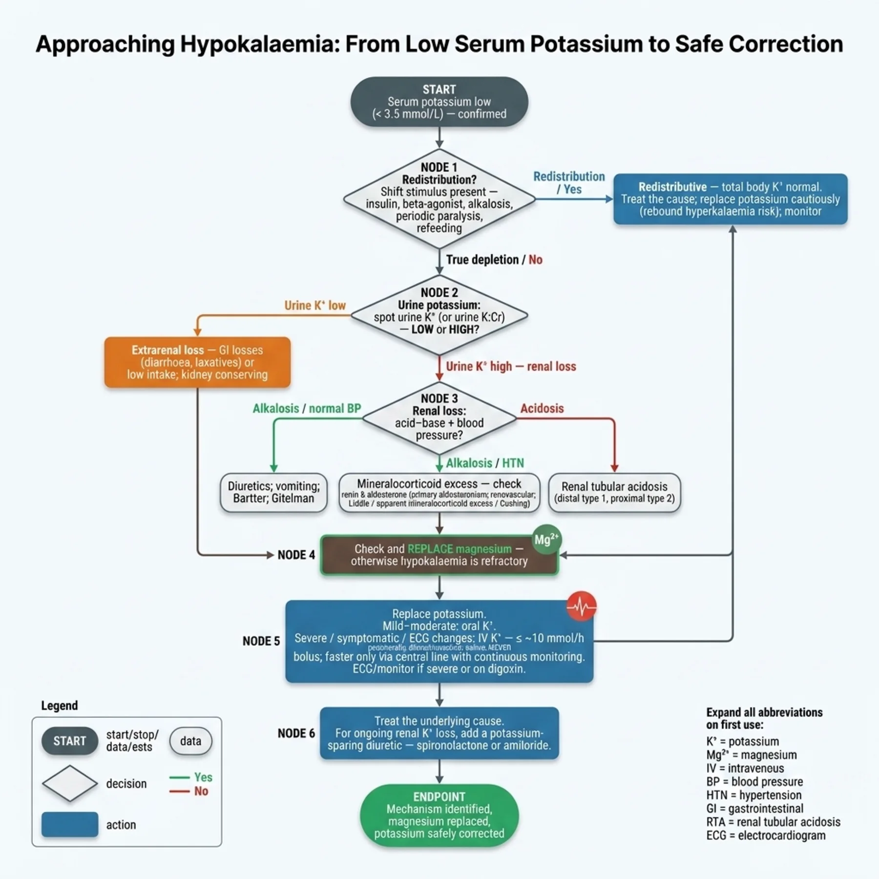 Flowchart 7.A - Approaching Hypokalaemia - From Low Serum Potassium to Safe Correction